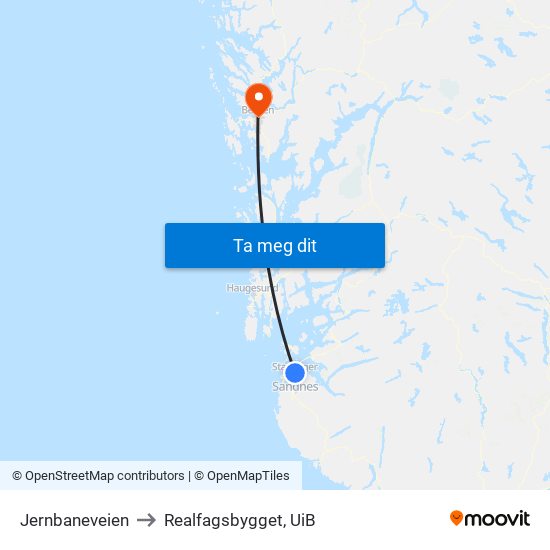 Jernbaneveien to Realfagsbygget, UiB map