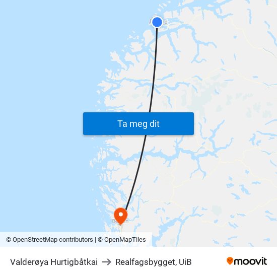 Valderøya Hurtigbåtkai to Realfagsbygget, UiB map