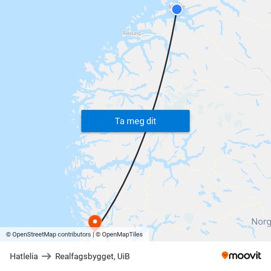 Hatlelia to Realfagsbygget, UiB map