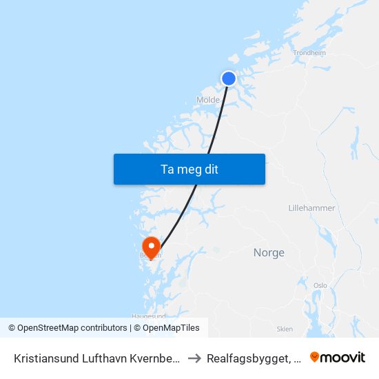 Kristiansund Lufthavn Kvernberget to Realfagsbygget, UiB map
