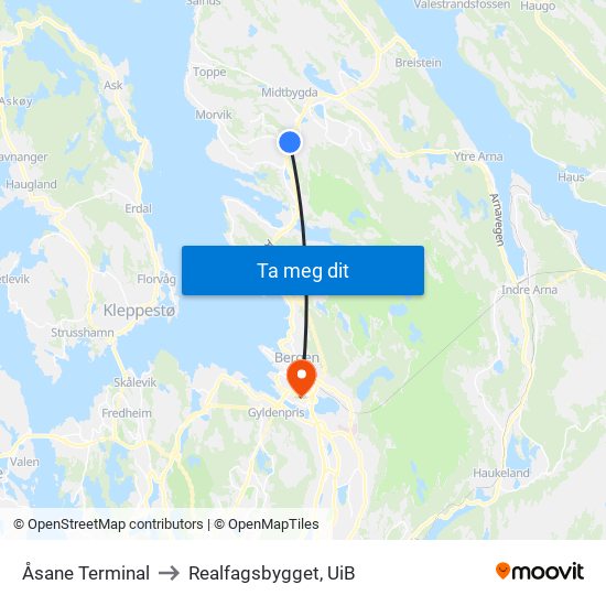 Åsane Terminal to Realfagsbygget, UiB map