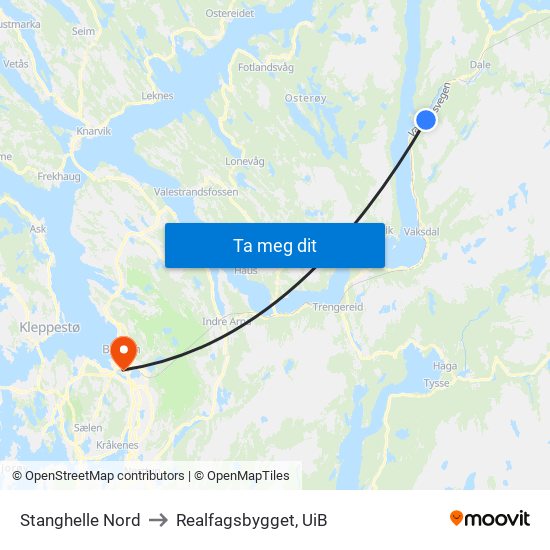 Stanghelle Nord to Realfagsbygget, UiB map