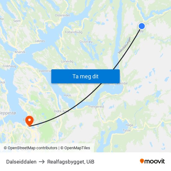 Dalseiddalen to Realfagsbygget, UiB map