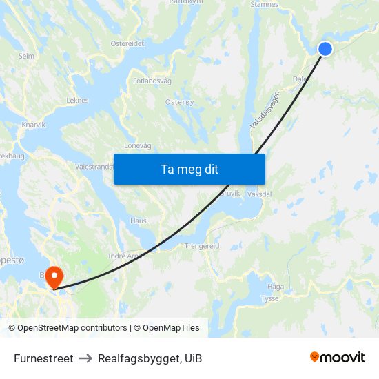 Furnestreet to Realfagsbygget, UiB map