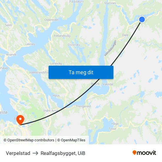 Verpelstad to Realfagsbygget, UiB map