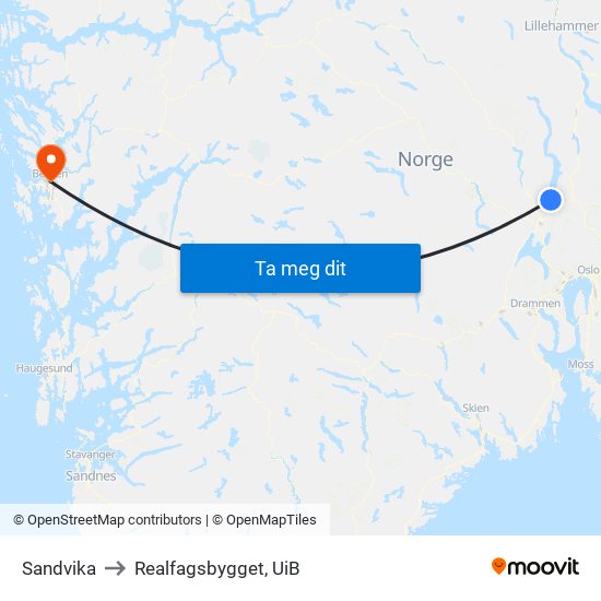 Sandvika to Realfagsbygget, UiB map