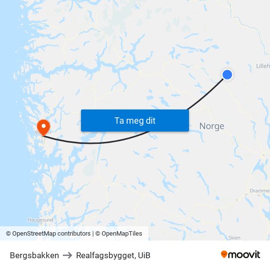 Bergsbakken to Realfagsbygget, UiB map