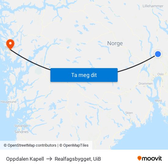 Oppdalen Kapell to Realfagsbygget, UiB map