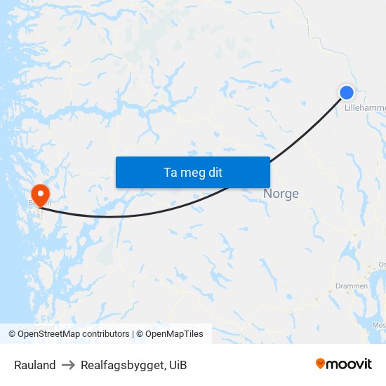 Rauland to Realfagsbygget, UiB map