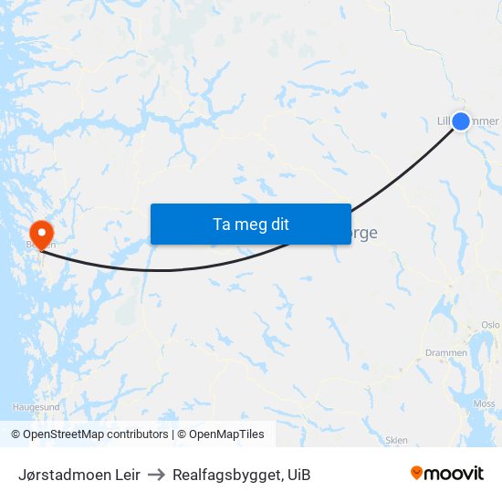 Jørstadmoen Leir to Realfagsbygget, UiB map