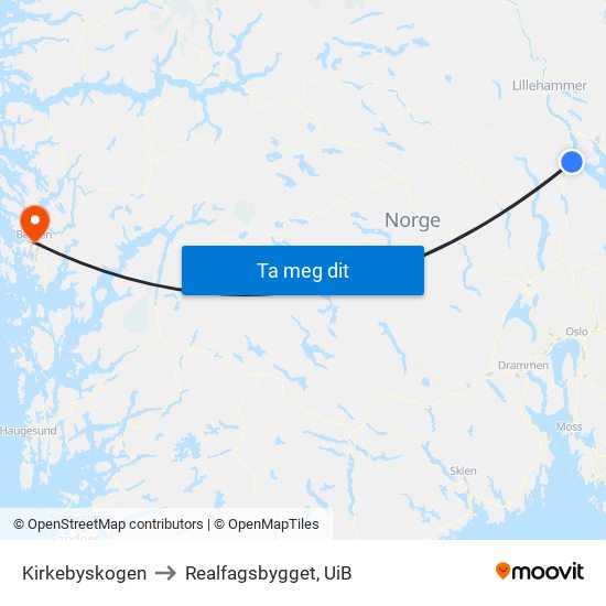 Kirkebyskogen to Realfagsbygget, UiB map