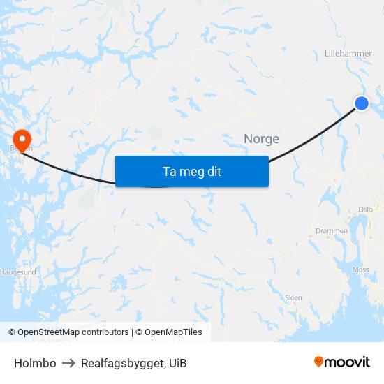 Holmbo to Realfagsbygget, UiB map