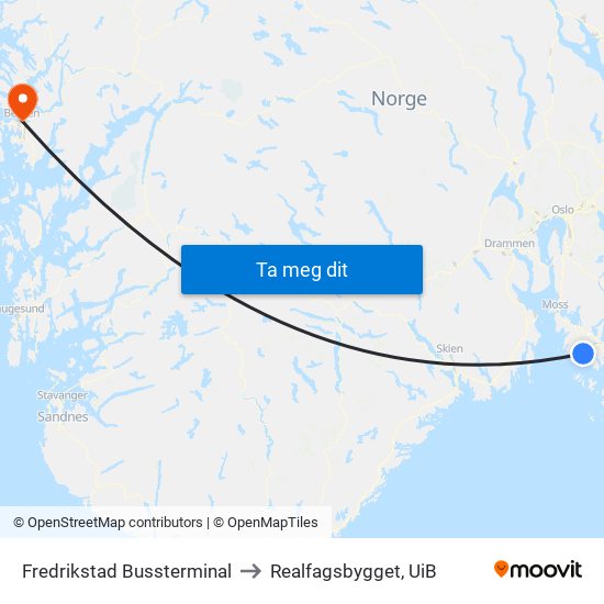 Fredrikstad Bussterminal to Realfagsbygget, UiB map