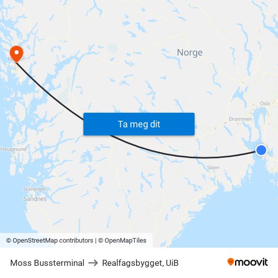 Moss Bussterminal to Realfagsbygget, UiB map