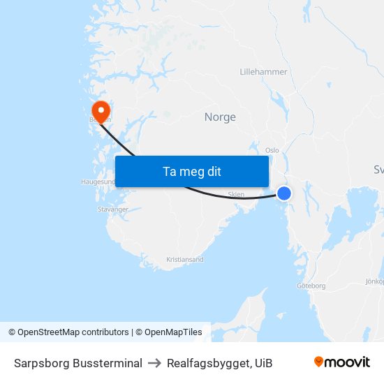 Sarpsborg Bussterminal to Realfagsbygget, UiB map