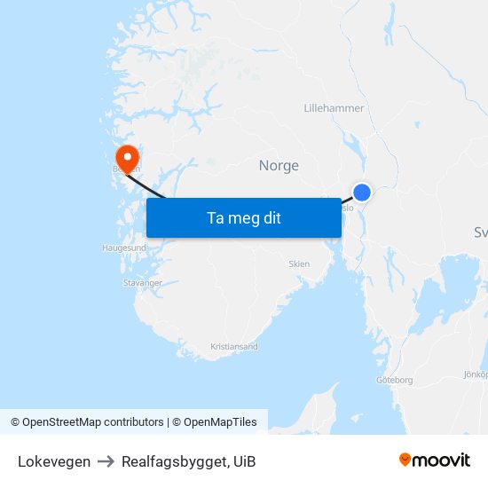 Lokevegen to Realfagsbygget, UiB map