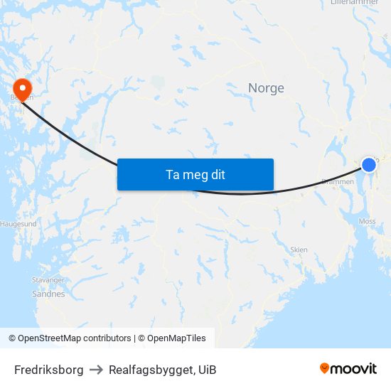 Fredriksborg to Realfagsbygget, UiB map