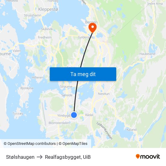 Stølshaugen to Realfagsbygget, UiB map