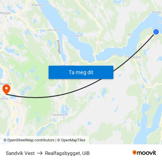 Sandvik Vest to Realfagsbygget, UiB map