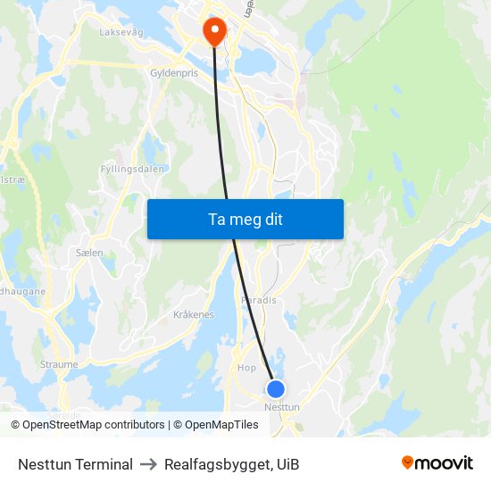 Nesttun Terminal to Realfagsbygget, UiB map