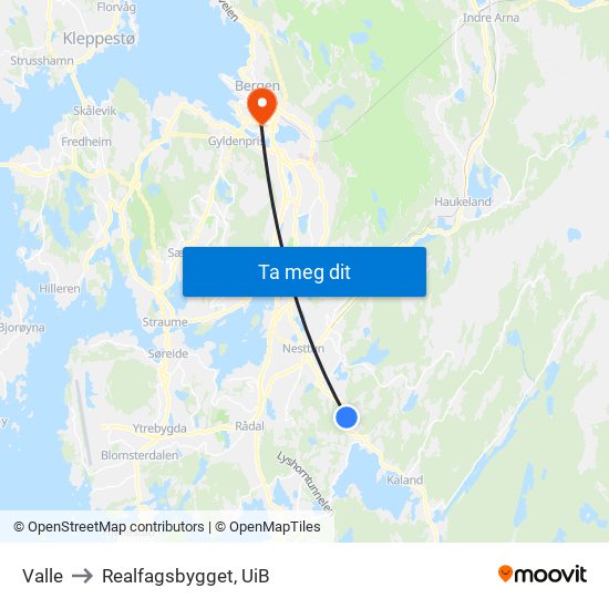 Valle to Realfagsbygget, UiB map