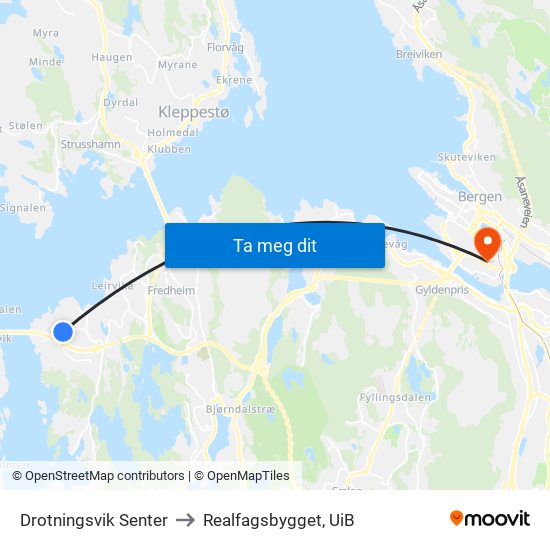Drotningsvik Senter to Realfagsbygget, UiB map