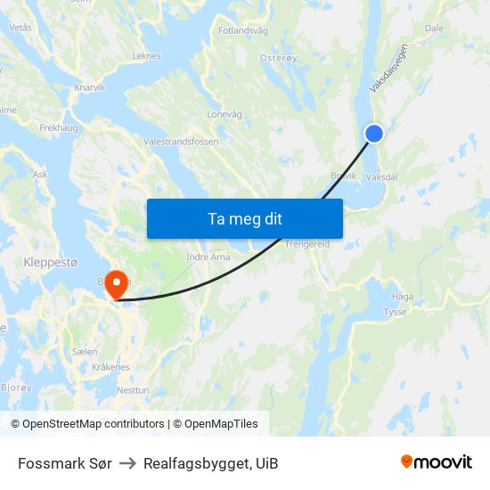 Fossmark Sør to Realfagsbygget, UiB map