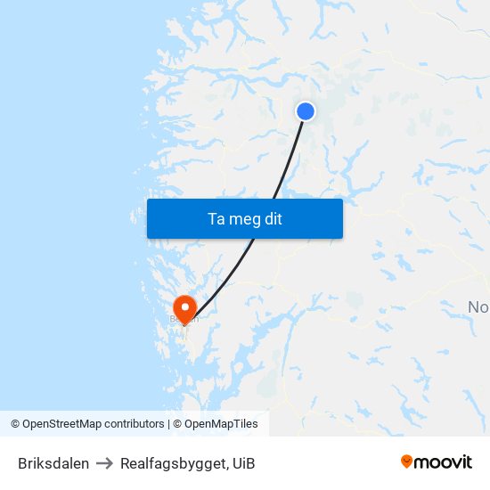 Briksdalen to Realfagsbygget, UiB map