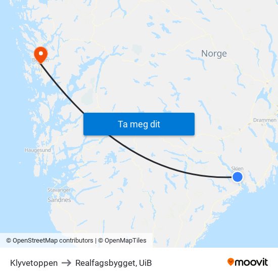 Klyvetoppen to Realfagsbygget, UiB map