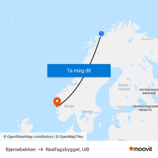Bjørnebekken to Realfagsbygget, UiB map