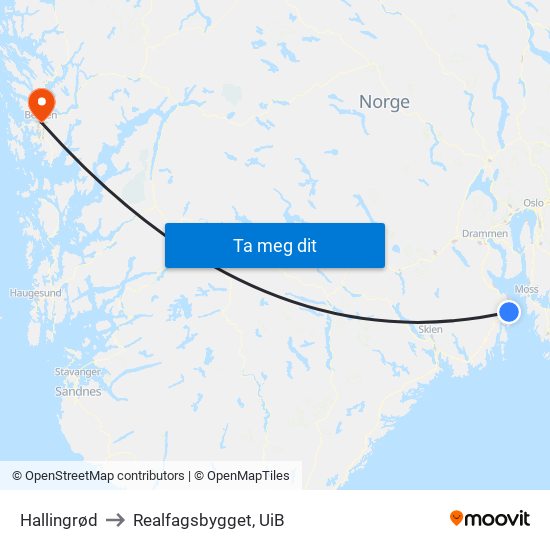 Hallingrød to Realfagsbygget, UiB map