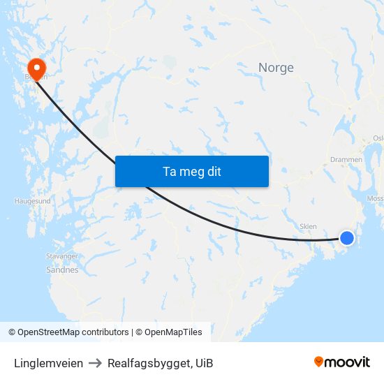 Linglemveien to Realfagsbygget, UiB map