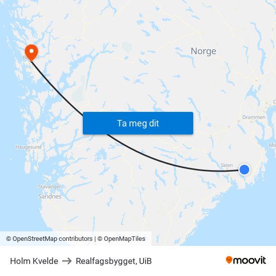 Holm Kvelde to Realfagsbygget, UiB map