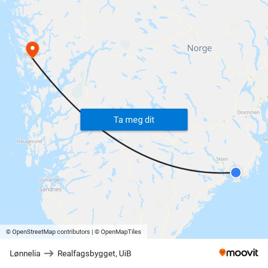 Lønnelia to Realfagsbygget, UiB map