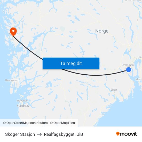 Skoger Stasjon to Realfagsbygget, UiB map