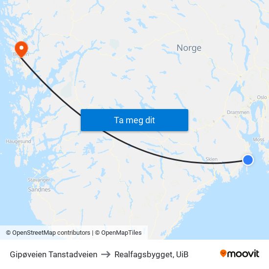 Gipøveien Tanstadveien to Realfagsbygget, UiB map