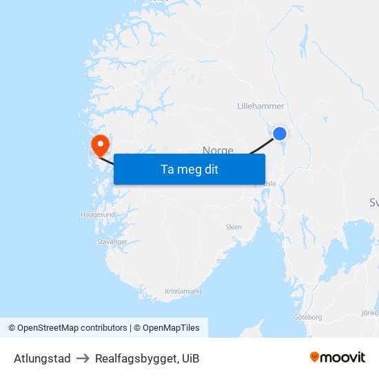 Atlungstad to Realfagsbygget, UiB map