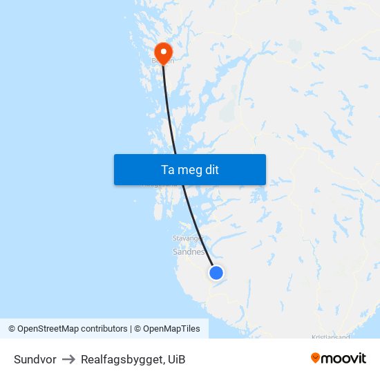 Sundvor to Realfagsbygget, UiB map