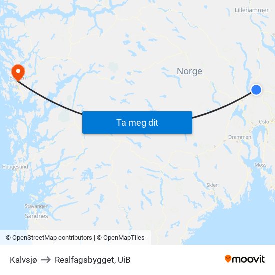 Kalvsjø to Realfagsbygget, UiB map