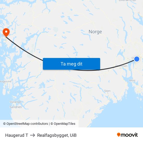 Haugerud T to Realfagsbygget, UiB map