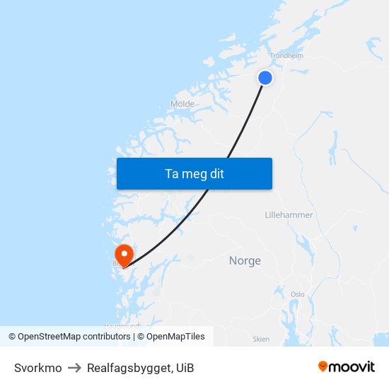 Svorkmo Klinglivegen to Realfagsbygget, UiB map