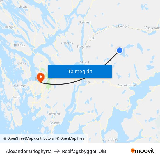 Alexander Grieghytta to Realfagsbygget, UiB map