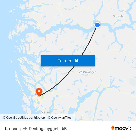 Krossen to Realfagsbygget, UiB map