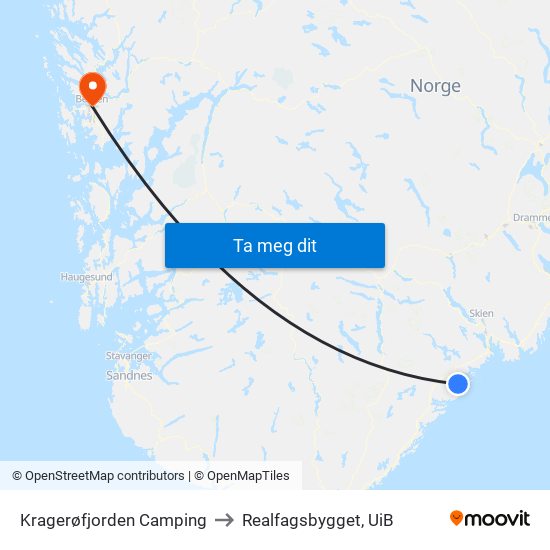 Kragerøfjorden Camping to Realfagsbygget, UiB map