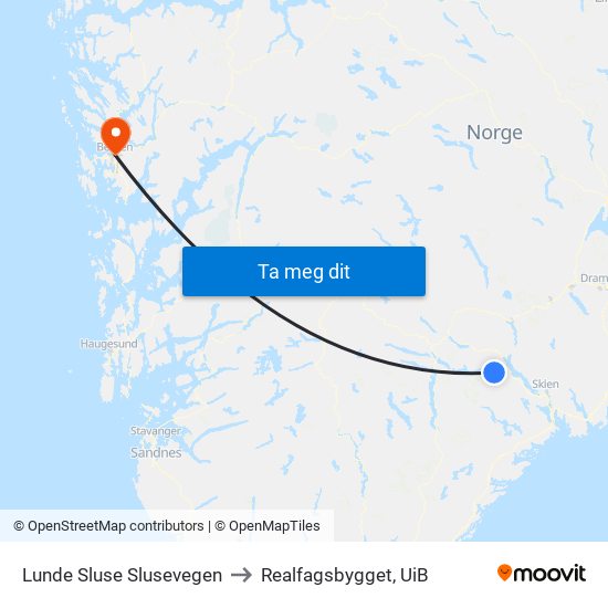 Lunde Sluse Slusevegen to Realfagsbygget, UiB map