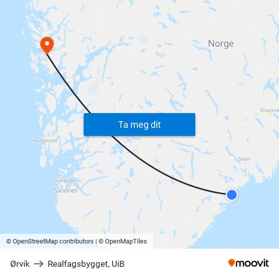 Ørvik to Realfagsbygget, UiB map