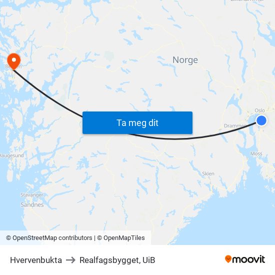 Hvervenbukta to Realfagsbygget, UiB map