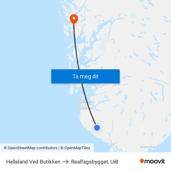 Helleland Ved Butikken to Realfagsbygget, UiB map