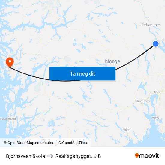 Bjørnsveen Skole to Realfagsbygget, UiB map