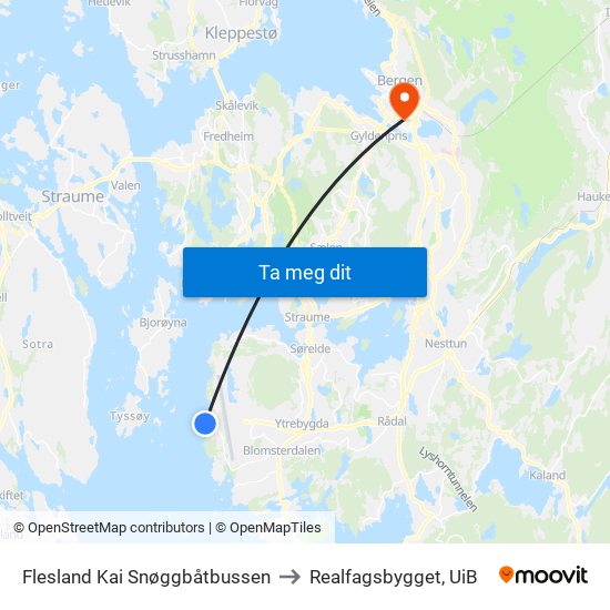 Flesland Kai Snøggbåtbussen to Realfagsbygget, UiB map